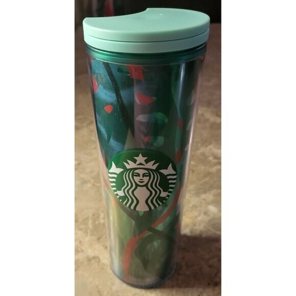 ~Starbucks 16oz jungle teal red tumbler cup‎